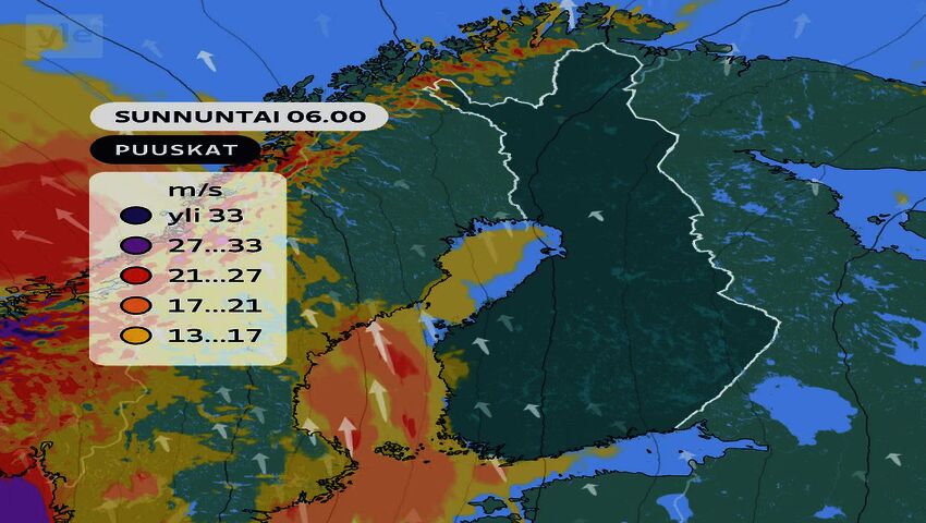 Tuuli voimistuu sunnuntaina paikoin myrskylukemiin