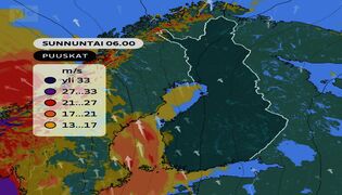 Tuuli voimistuu sunnuntaina paikoin myrskylukemiin